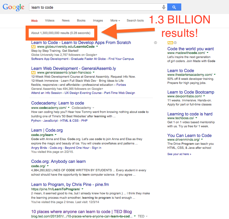 Learn to Code Google results 1 billion plus